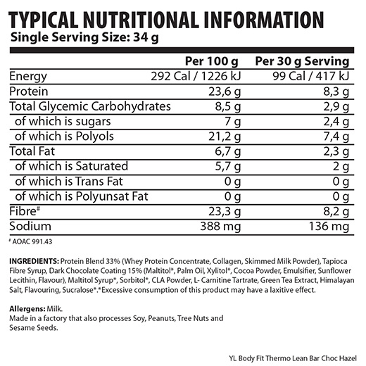 Youthful Living Body Fit Thermo Lean Protein Bar 34g - Nutritional Information
