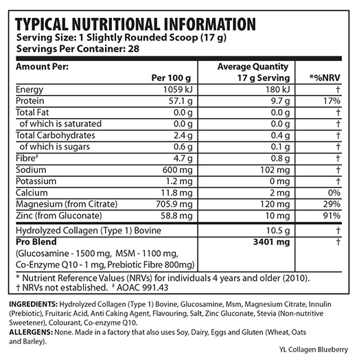 Youthful Living Collagen Pro Drink 476g - Nutritional Information