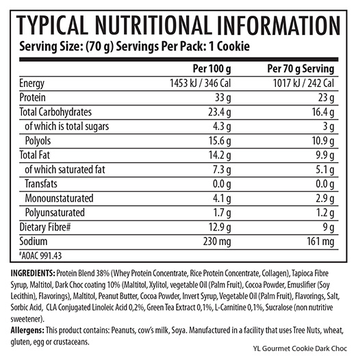 Youthful Living Gourmet Protein Cookie 70g - Nutritional Information