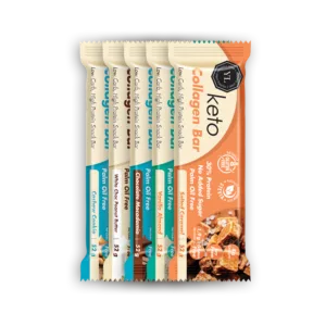 Youthful Living Keto Collagen Bars in five flavours: Salted Caramel, Vanilla Almond, Chocolate Macadamia, Cashew Cookie and White Chocolate Peanut Butter. High-protein, low-carb snack bars with no added sugar, palm oil free and naturally gluten free.