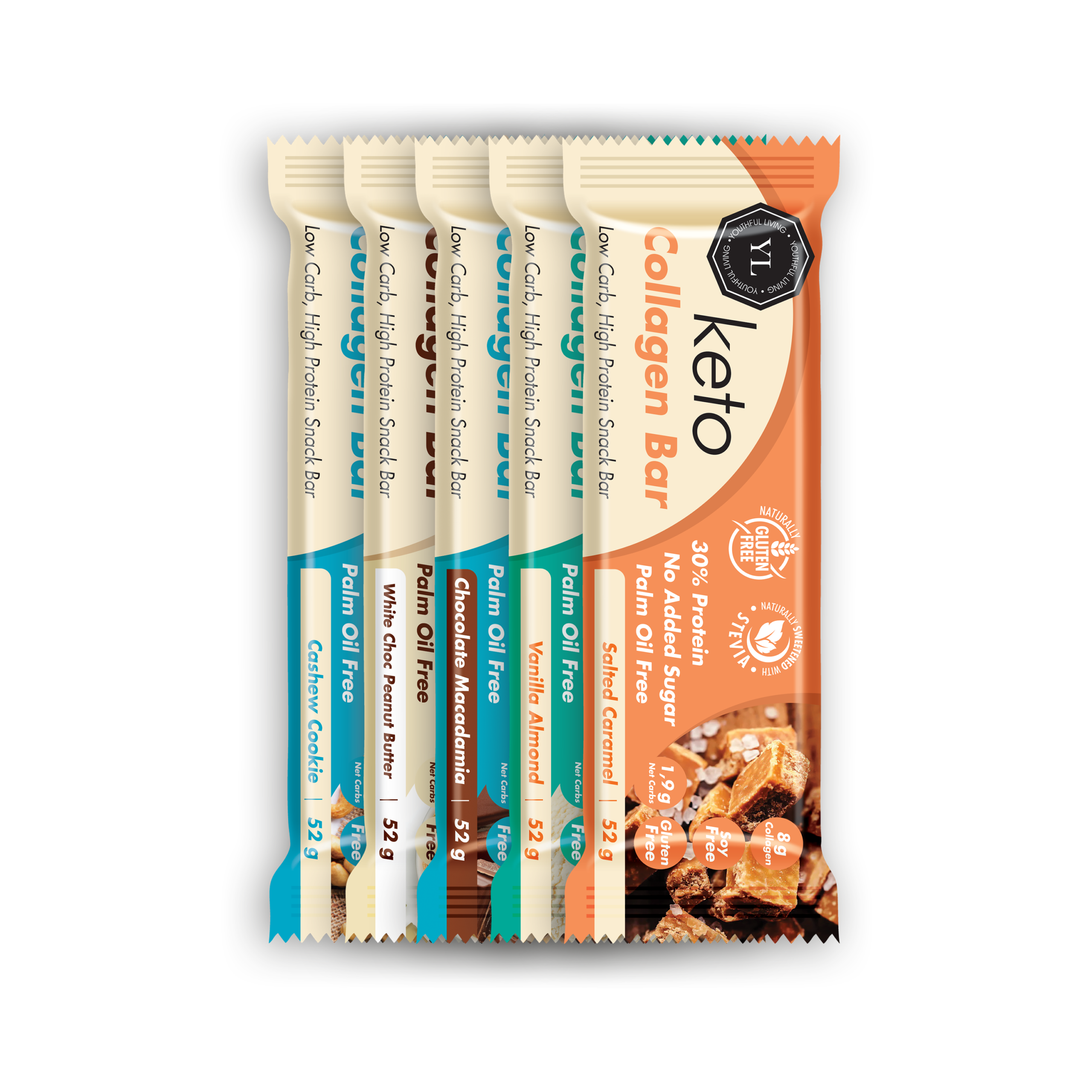 Youthful Living Keto Collagen Bars in five flavours: Salted Caramel, Vanilla Almond, Chocolate Macadamia, Cashew Cookie and White Chocolate Peanut Butter. High-protein, low-carb snack bars with no added sugar, palm oil free and naturally gluten free.