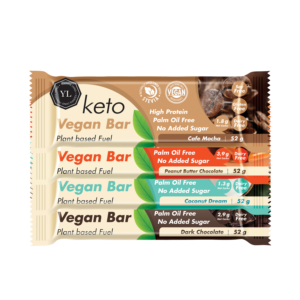 Youthful Living Keto Vegan Bars in four flavours: Cafe Mocha, Peanut Butter Chocolate, Coconut Dream and Dark Chocolate. Plant-based, high-protein snack bars with no added sugar, palm oil free and sweetened with stevia.