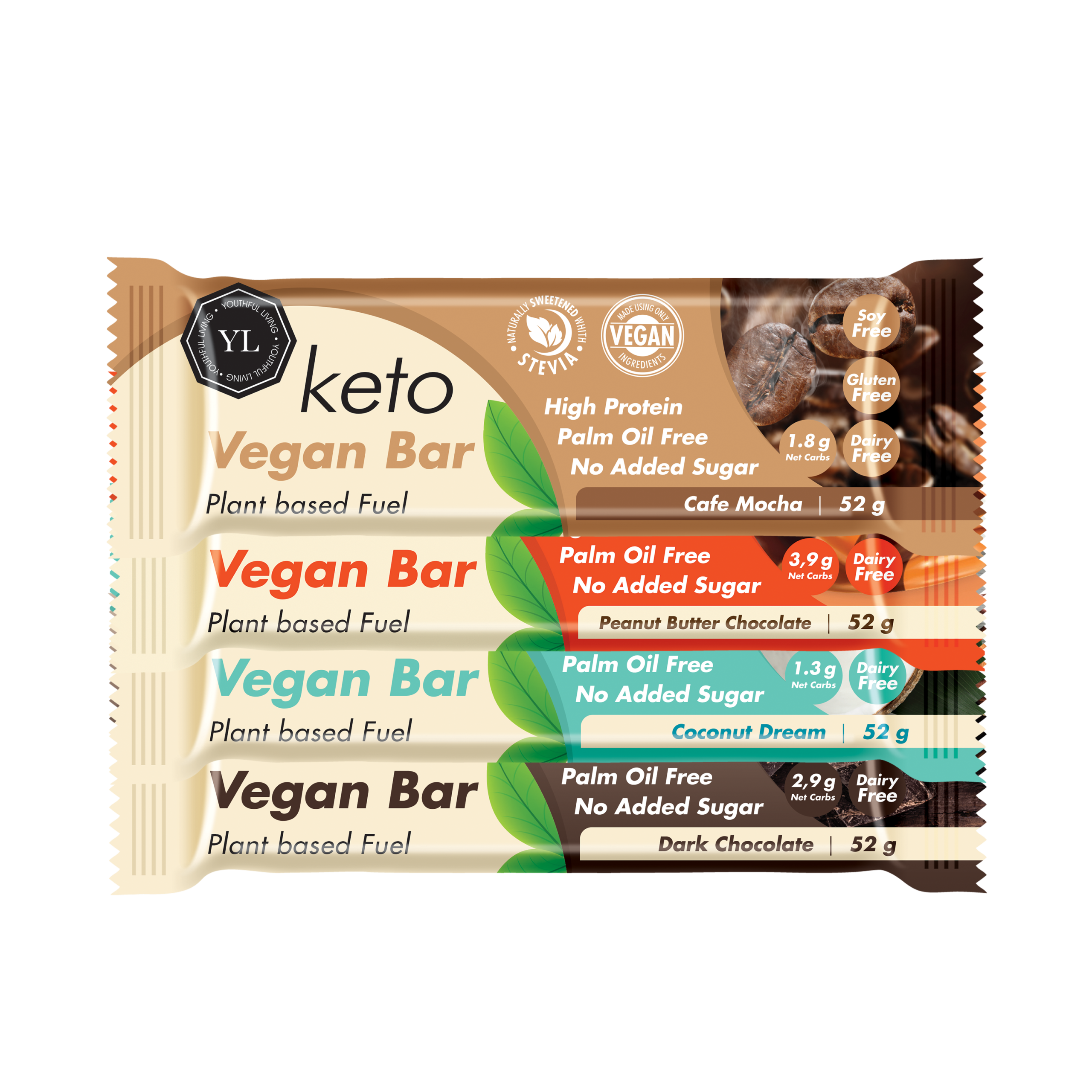 Youthful Living Keto Vegan Bars in four flavours: Cafe Mocha, Peanut Butter Chocolate, Coconut Dream and Dark Chocolate. Plant-based, high-protein snack bars with no added sugar, palm oil free and sweetened with stevia.