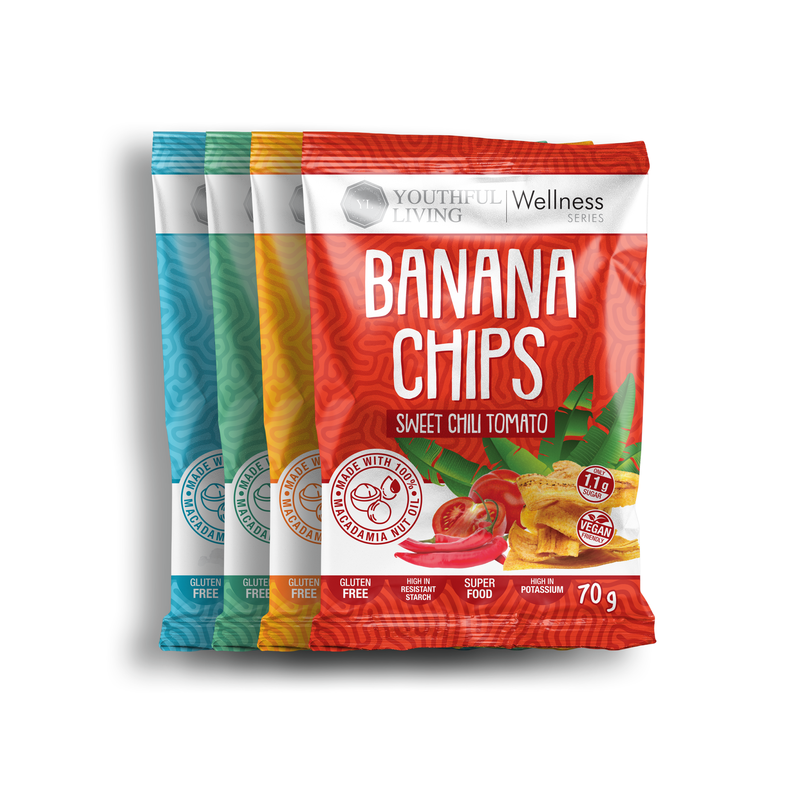 Youthful Living Wellness Series Banana Chips in four flavours: Sweet Chilli Tomato, Honey, Sour Cream & Chives and Salt & Vinegar. Gluten-free banana chips made with 100% macadamia nut oil, high in resistant starch and potassium, and vegan friendly.