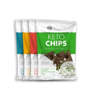 Youthful Living Keto Chips in four flavours: Sour Cream & Chives, Sweet Chilli Tomato, Lightly Salted and Salt & Vinegar. Keto-friendly flaxseed-based chips prepared with macadamia oil, naturally gluten free, high in fibre and containing only 1.9g net carbs per 40g pack.