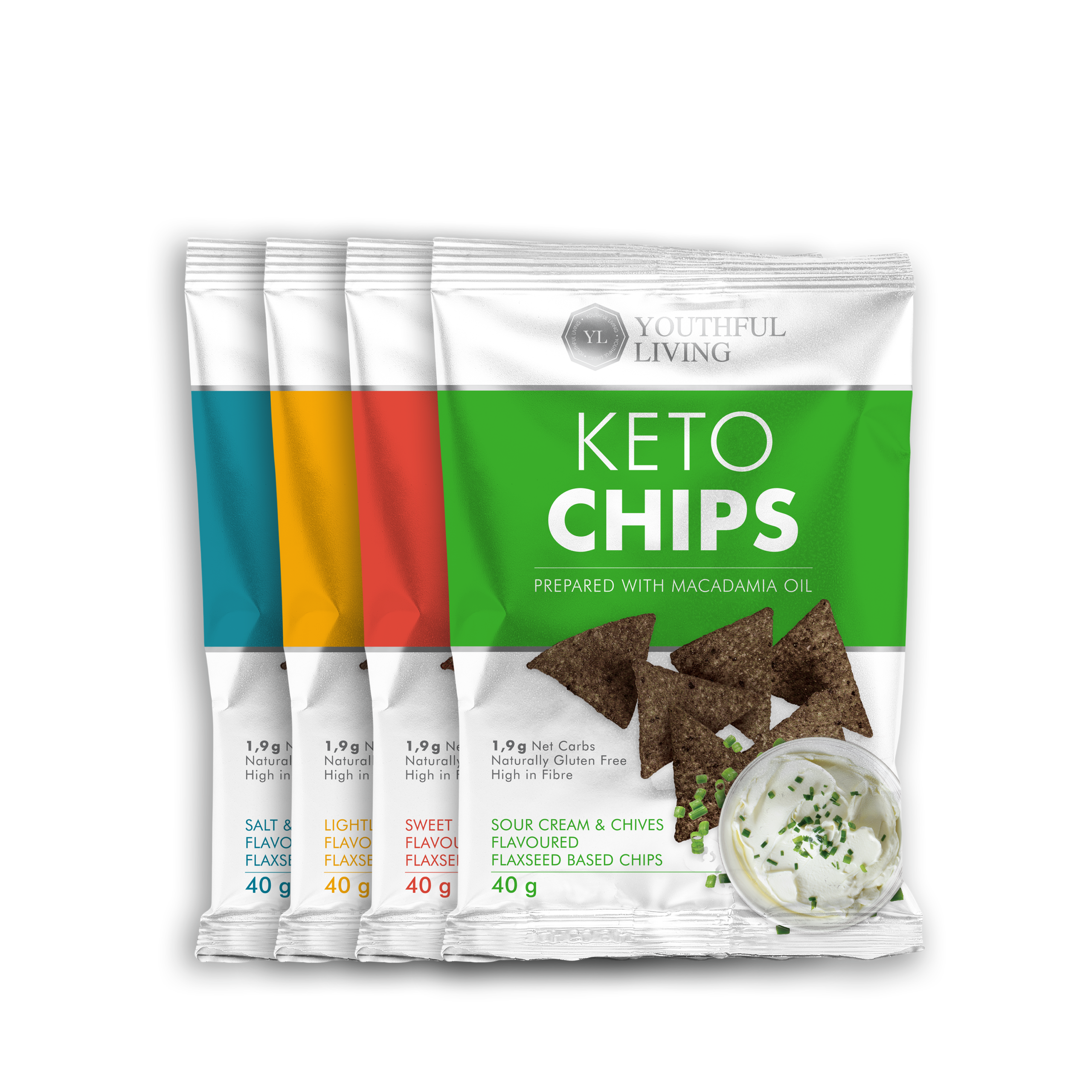 Youthful Living Keto Chips in four flavours: Sour Cream & Chives, Sweet Chilli Tomato, Lightly Salted and Salt & Vinegar. Keto-friendly flaxseed-based chips prepared with macadamia oil, naturally gluten free, high in fibre and containing only 1.9g net carbs per 40g pack.