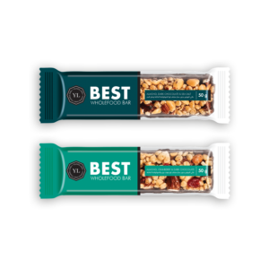 Two 50 g Youthful Living BEST Wholefood Bars displayed side by side. Flavours shown are Almond, Cranberry & Dark Chocolate and Almond, Dark Chocolate & Sea Salt, with transparent packaging revealing the wholefood ingredients.
