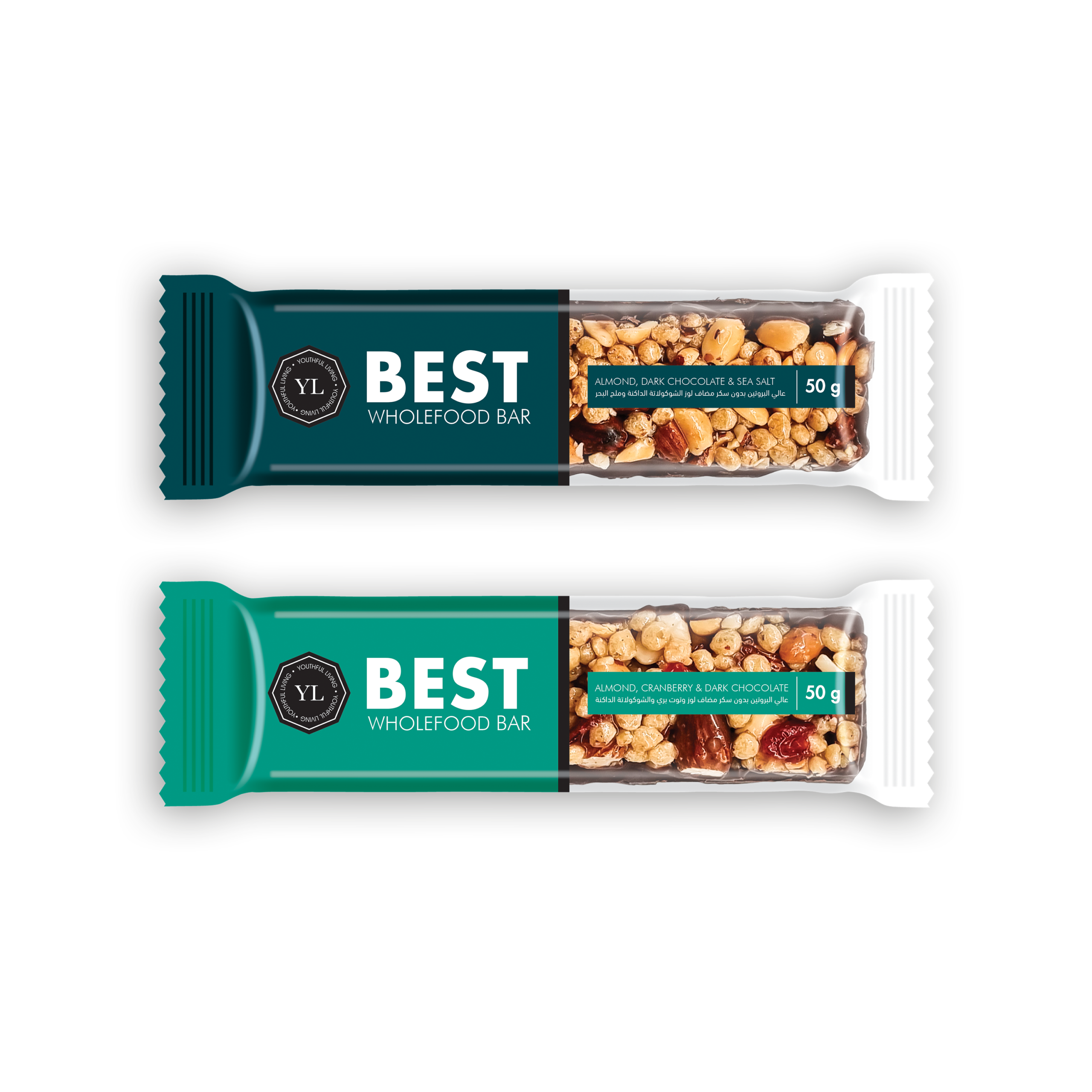 Two 50 g Youthful Living BEST Wholefood Bars displayed side by side. Flavours shown are Almond, Cranberry & Dark Chocolate and Almond, Dark Chocolate & Sea Salt, with transparent packaging revealing the wholefood ingredients.