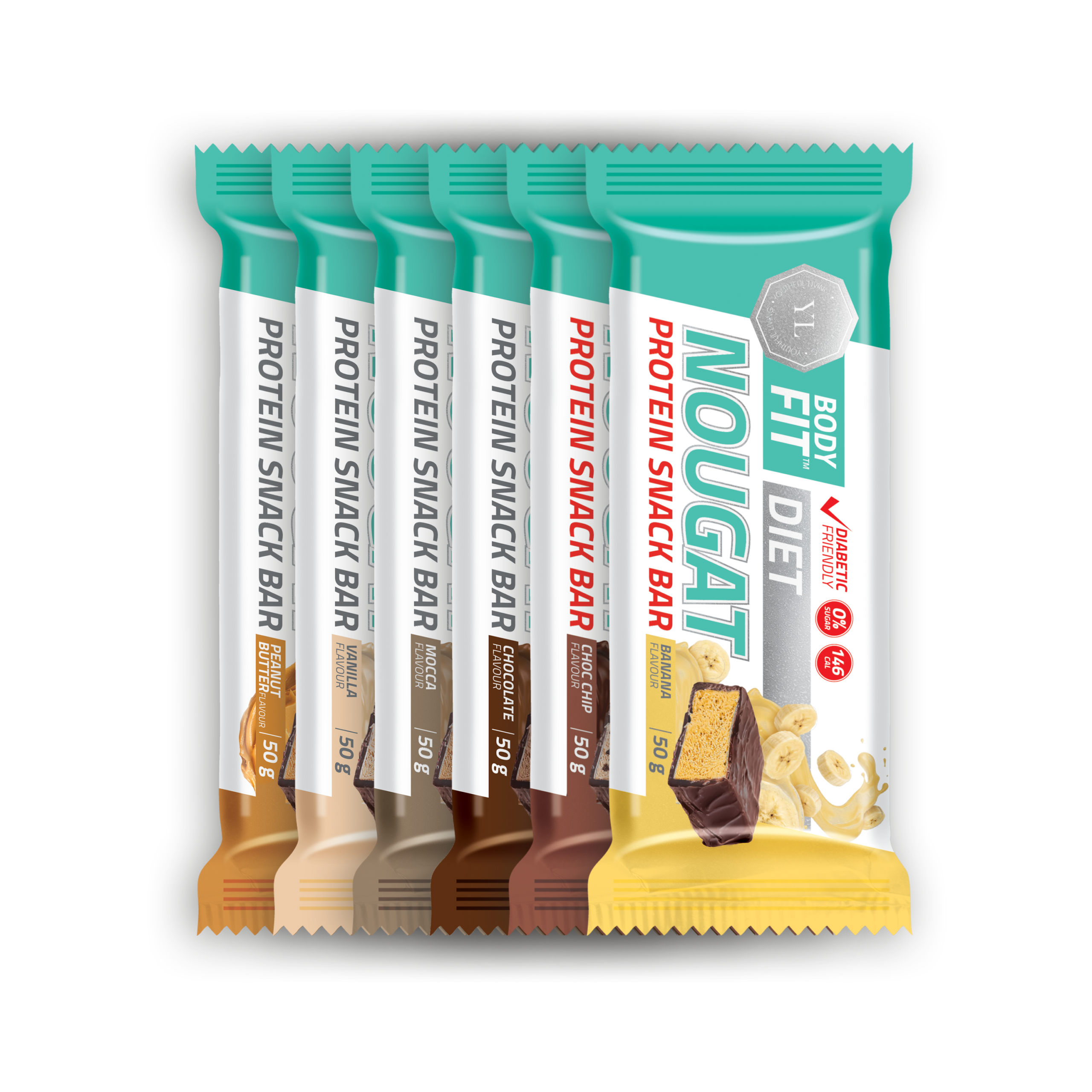 Youthful Living NOUGAT Protein Snack Bars (50 g) in five flavours: Mocca, Vanilla, Peanut Butter, Banana and Choc Chip.