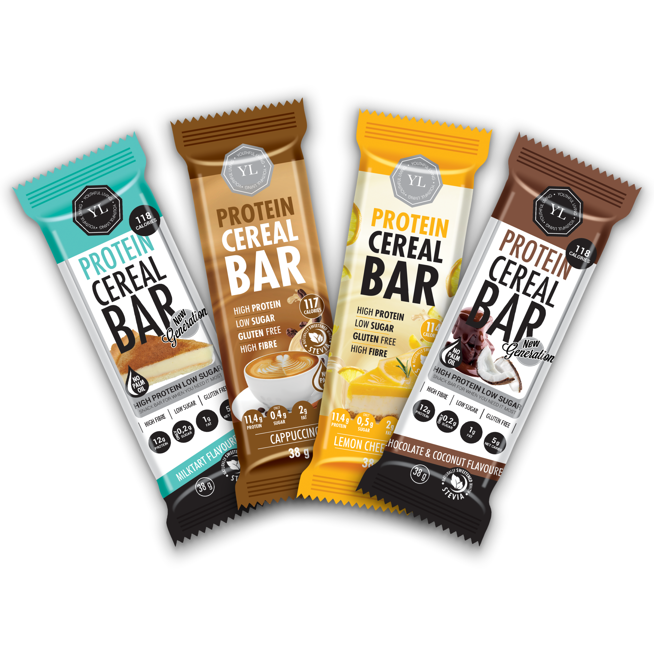Four Youthful Living Protein Cereal Bars displayed in a fan arrangement against a white background. The bars feature colorful packaging in four flavors: Milktart (turquoise), Cappuccino (brown), Lemon Cheesecake (yellow), and Chocolate & Coconut (dark brown). Each 38 g bar highlights 12 g protein, low sugar, gluten-free, high fibre, no palm oil, and approximately 117–118 calories on the front of the wrapper.