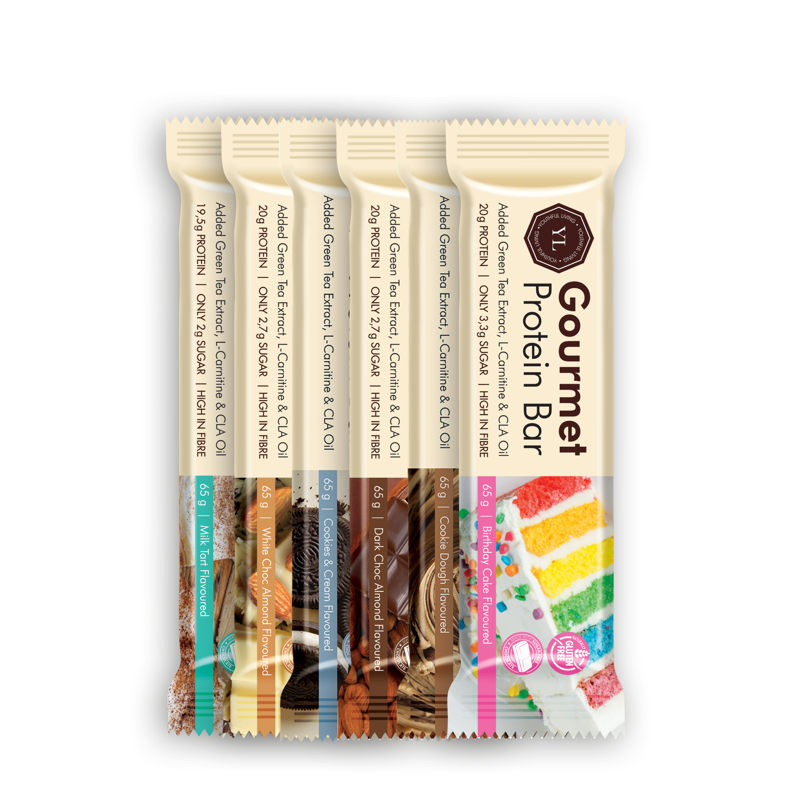 Youthful Living Gourmet Protein Bars in six flavours: Birthday Cake, Cookie Dough, Dark Chocolate Almond, Cookies & Cream, White Chocolate Almond and Milk Tart. High-protein snack bars with added green tea extract, L-carnitine and CLA oil, high in fibre and naturally gluten free.