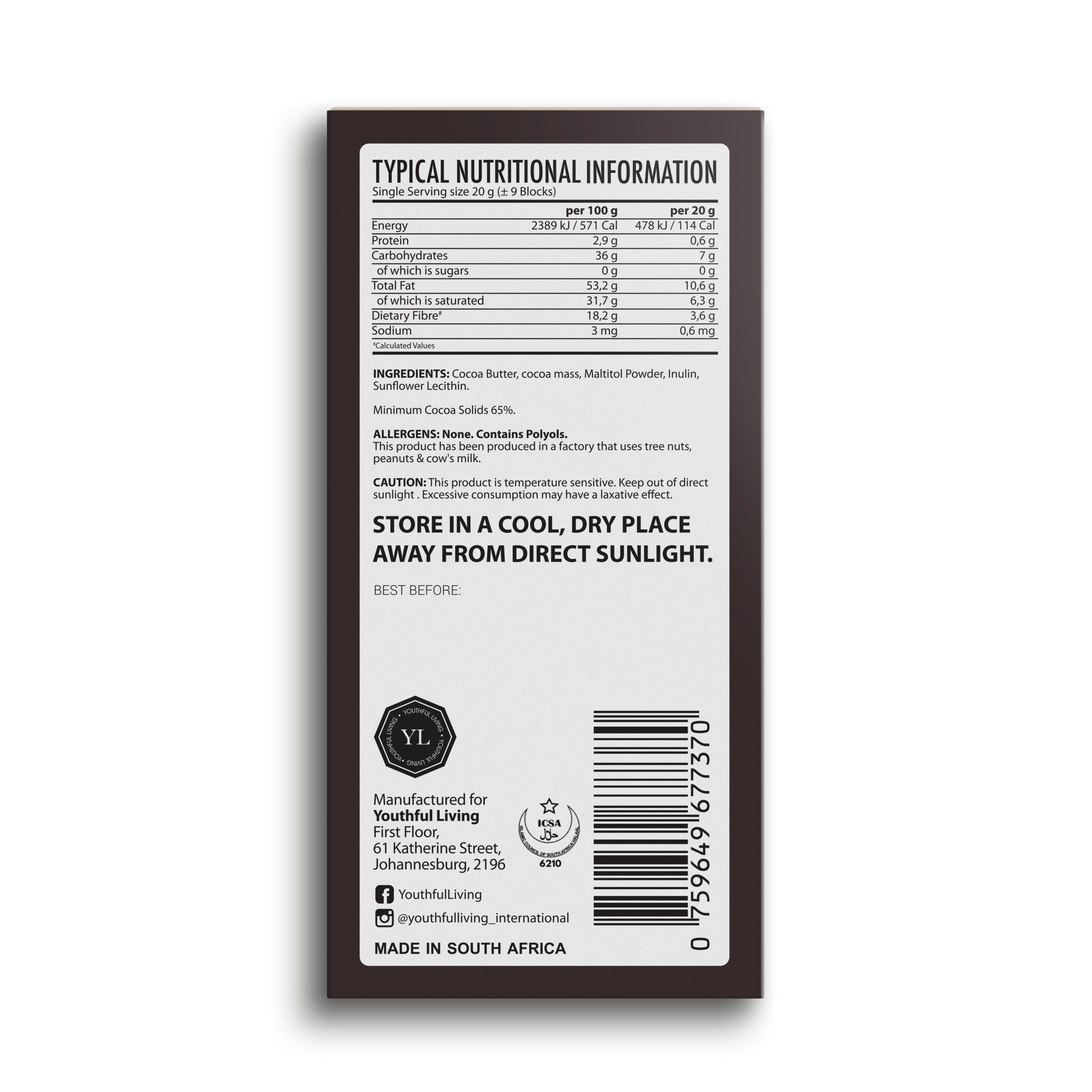 YL Sugar Free Chocolate Slab (15 x 35g) - Image 2