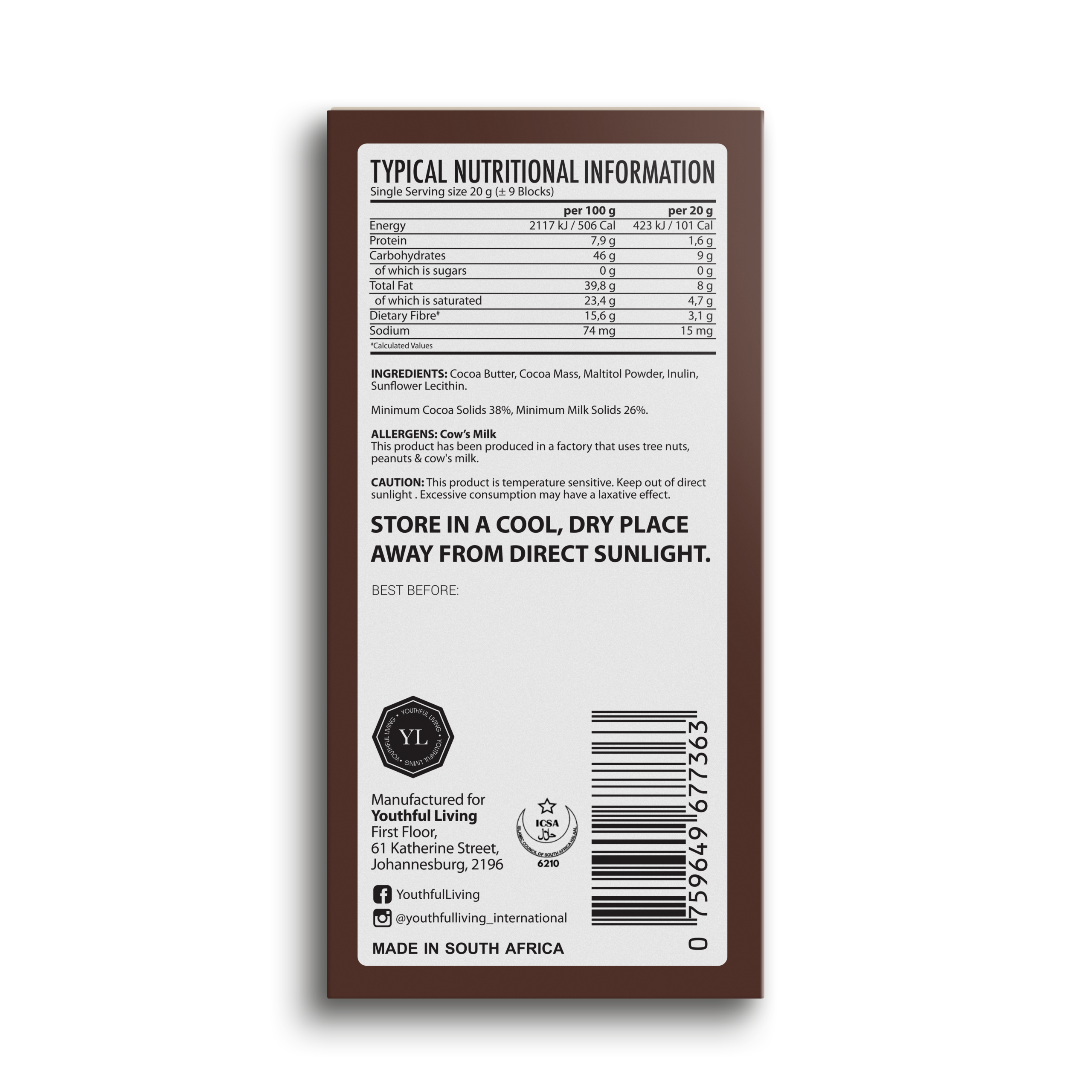 YL Sugar Free Chocolate Slab (15 x 35g) - Image 4