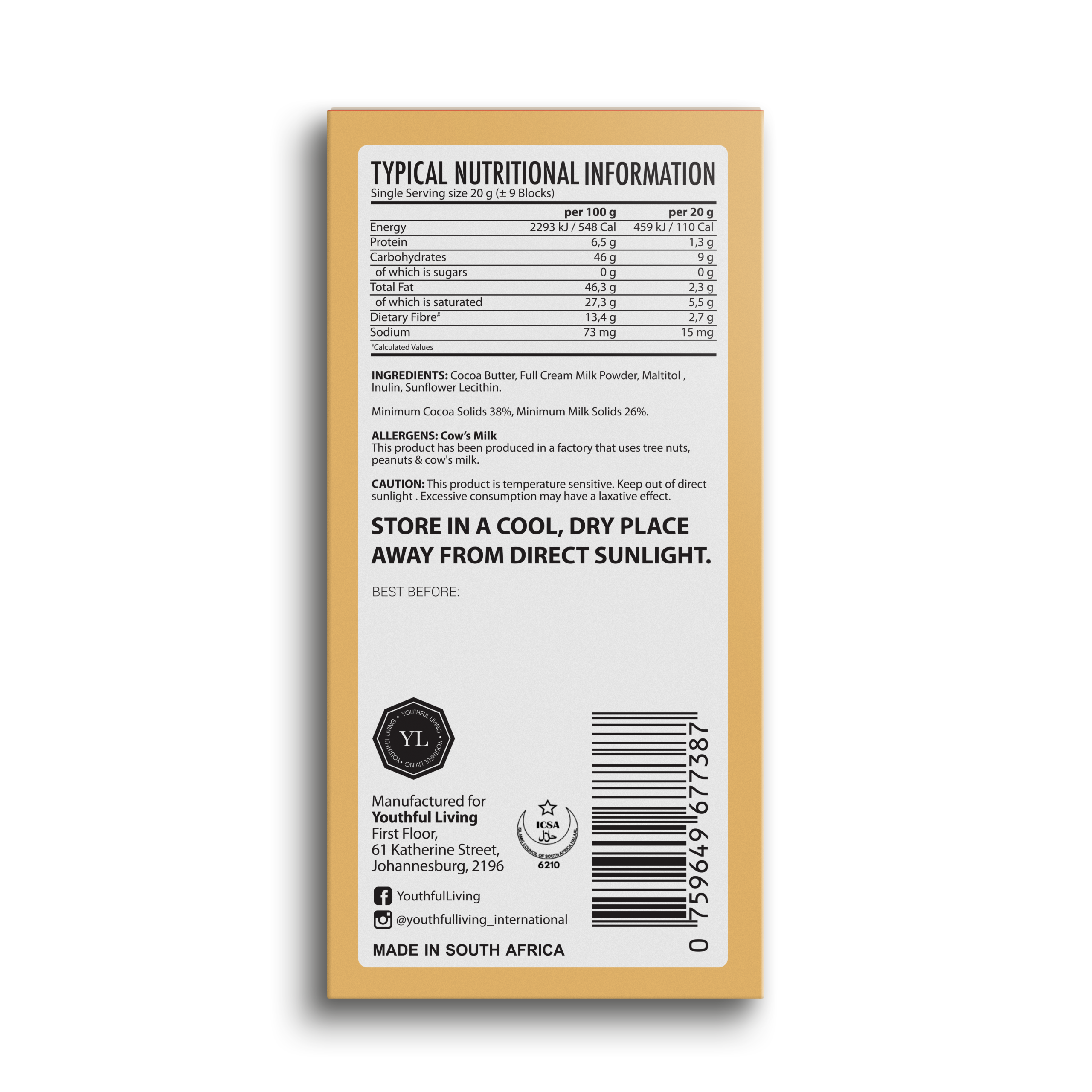 YL Sugar Free Chocolate Slab (15 x 35g) - Image 6