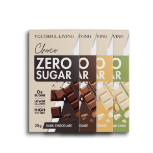 Youthful Living Zero Sugar Chocolate in four flavours: Dark Chocolate, Milk Chocolate, White Chocolate and Pistachio. Zero sugar chocolate bars that are lower in calories and high in fibre.