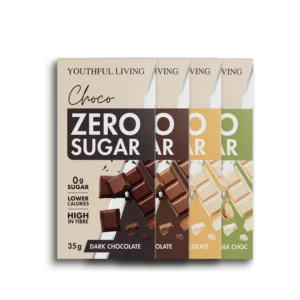 Youthful Living Zero Sugar Chocolate in four flavours: Dark Chocolate, Milk Chocolate, White Chocolate and Pistachio. Zero sugar chocolate bars that are lower in calories and high in fibre.