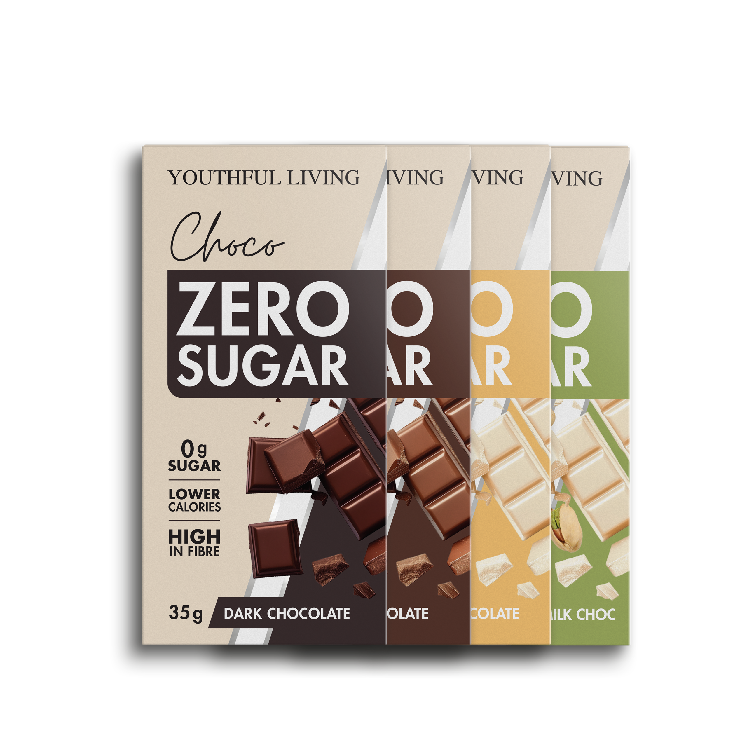 Youthful Living Zero Sugar Chocolate in four flavours: Dark Chocolate, Milk Chocolate, White Chocolate and Pistachio. Zero sugar chocolate bars that are lower in calories and high in fibre.