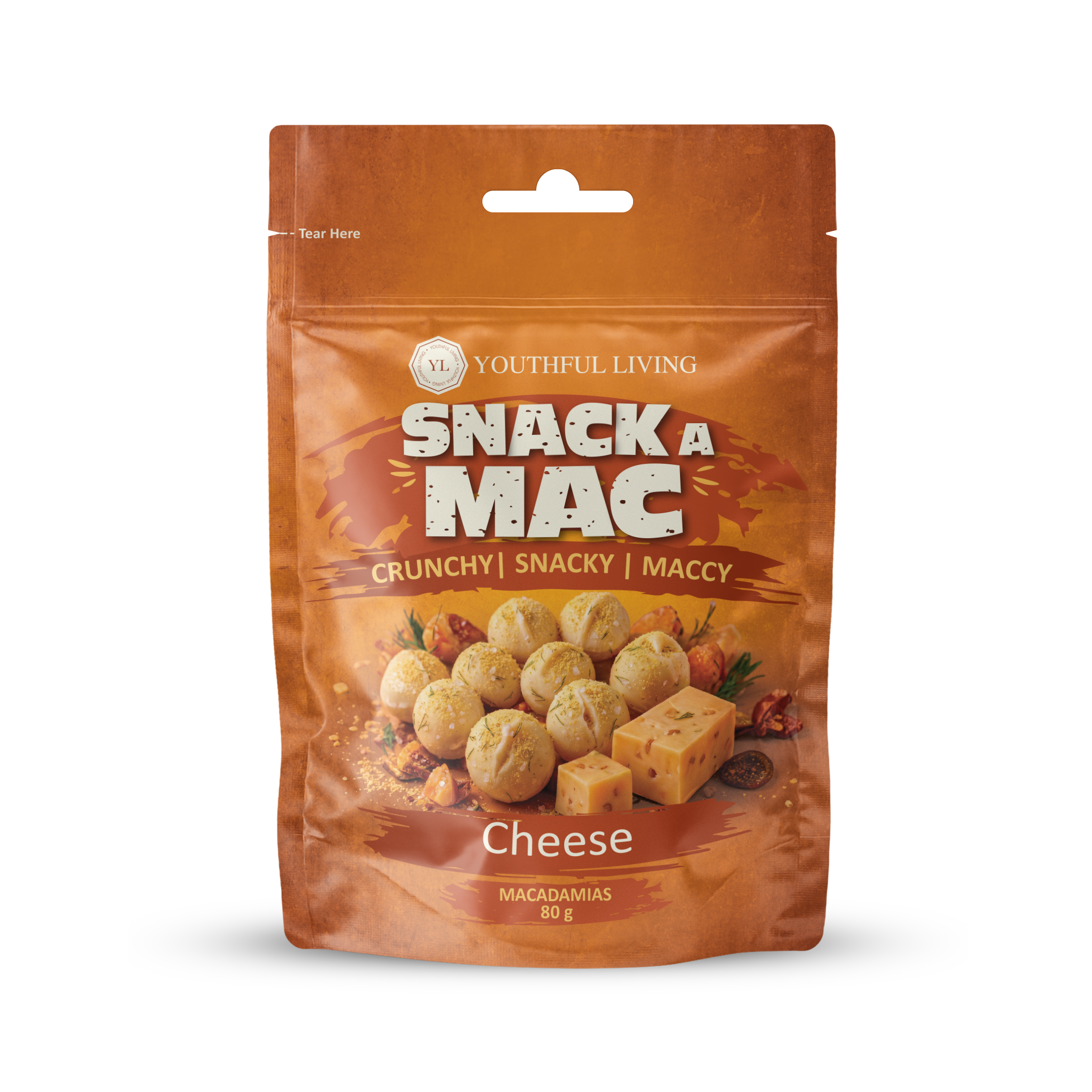 Youthful Living Snack A Mac Cheese Macadamias in an 80g resealable pouch. Crunchy, snackable macadamia nuts with a savoury cheese flavour.
