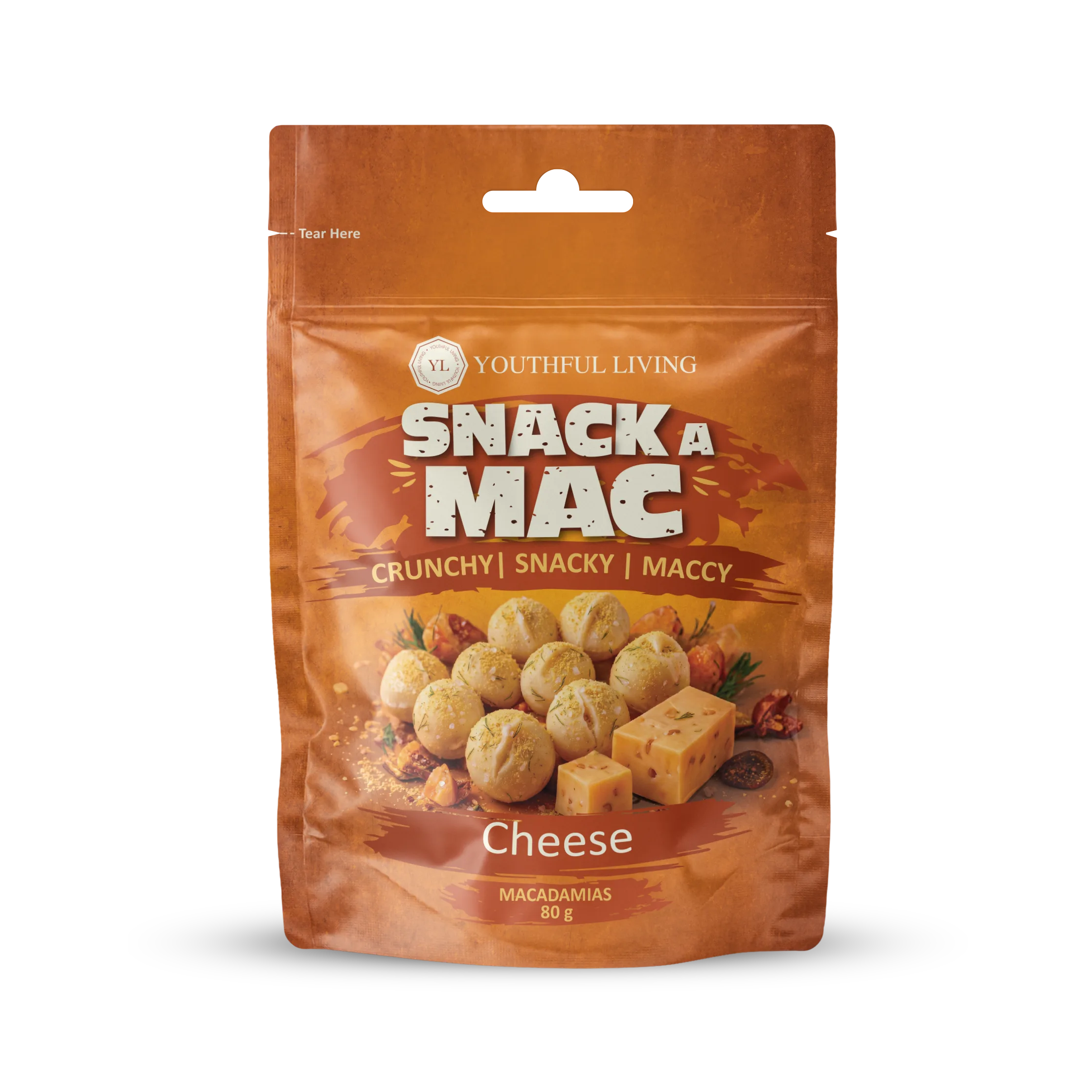 Youthful Living Snack A Mac Cheese Macadamias in an 80g resealable pouch. Crunchy, snackable macadamia nuts with a savoury cheese flavour.