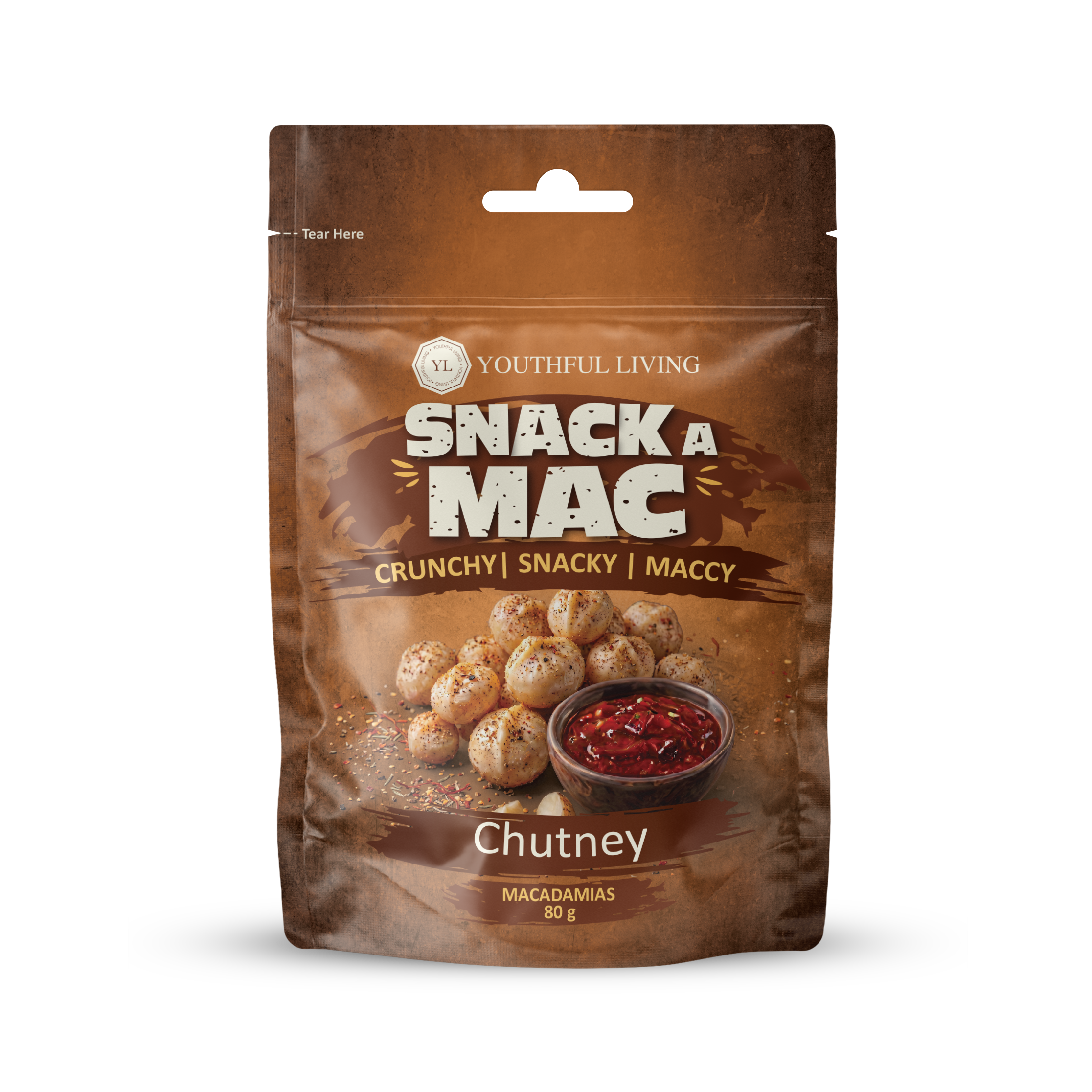Youthful Living Snack A Mac Chutney Macadamias in an 80g resealable pouch. Crunchy, snackable macadamia nuts with a savoury chutney flavour.