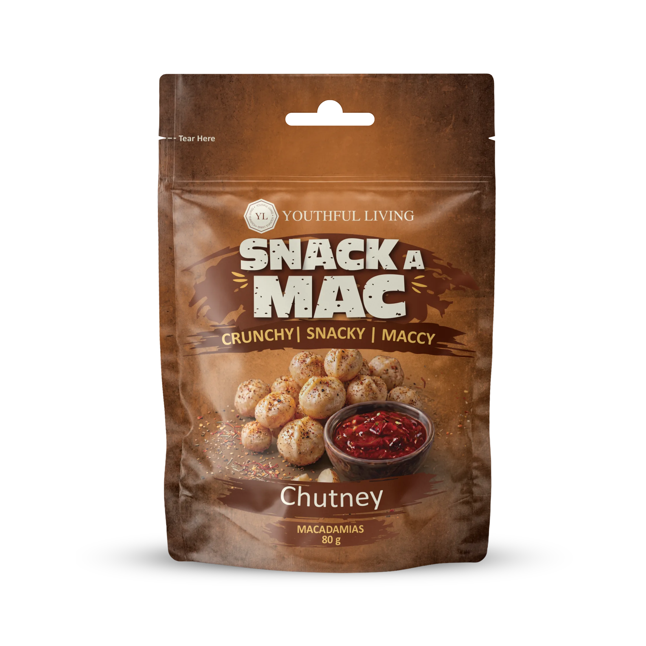 Youthful Living Snack A Mac Chutney Macadamias in an 80g resealable pouch. Crunchy, snackable macadamia nuts with a savoury chutney flavour.