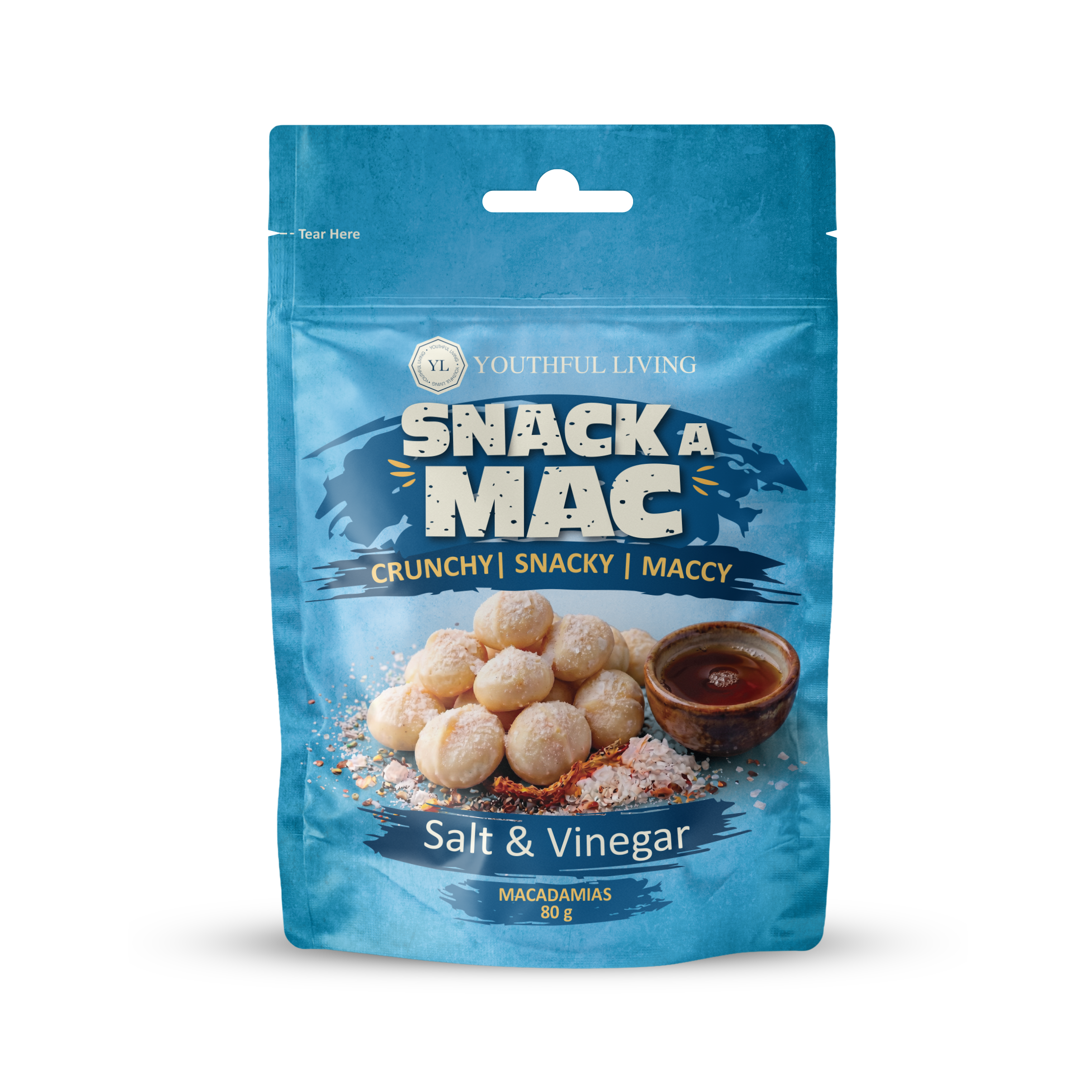 Youthful Living Snack A Mac Salt & Vinegar Macadamias in an 80g resealable pouch. Crunchy, snackable macadamia nuts with a savoury salt and vinegar flavour.