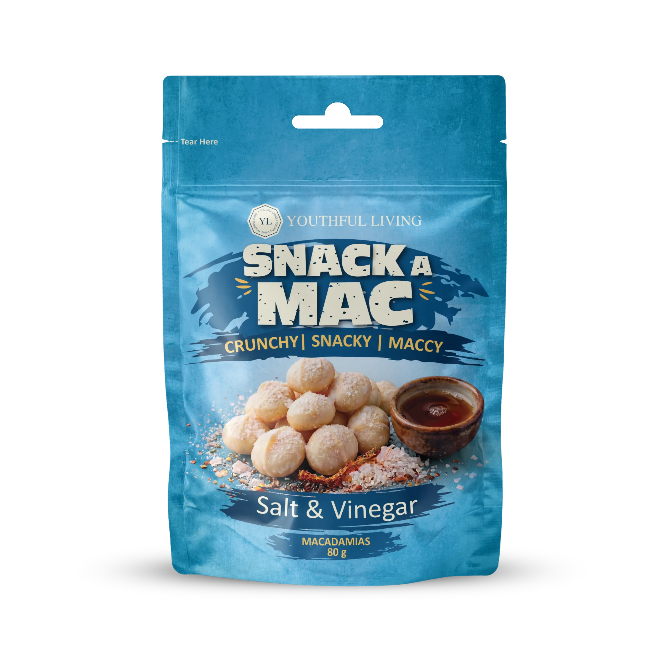 Youthful Living Snack A Mac Salt & Vinegar Macadamias in an 80g resealable pouch. Crunchy, snackable macadamia nuts with a savoury salt and vinegar flavour.