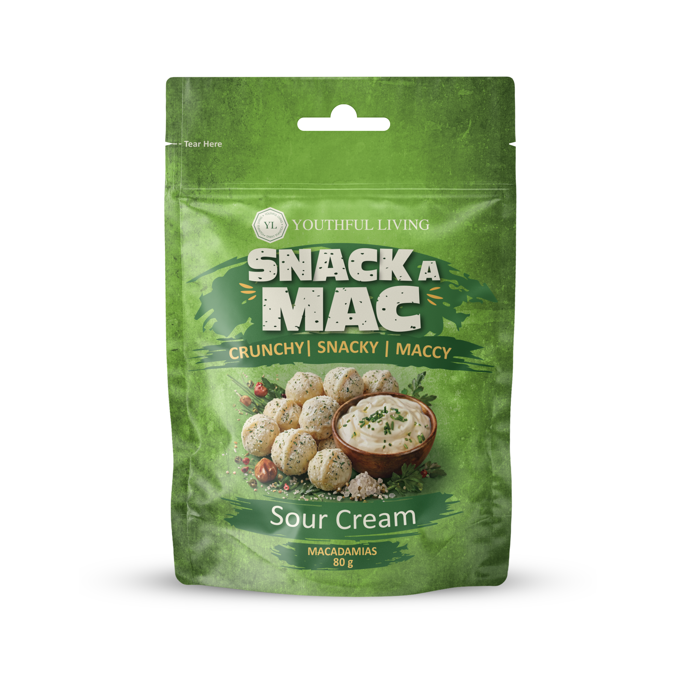 Youthful Living Snack A Mac Sour Cream Macadamias in an 80g resealable pouch. Crunchy, snackable macadamia nuts with a creamy sour cream flavour.