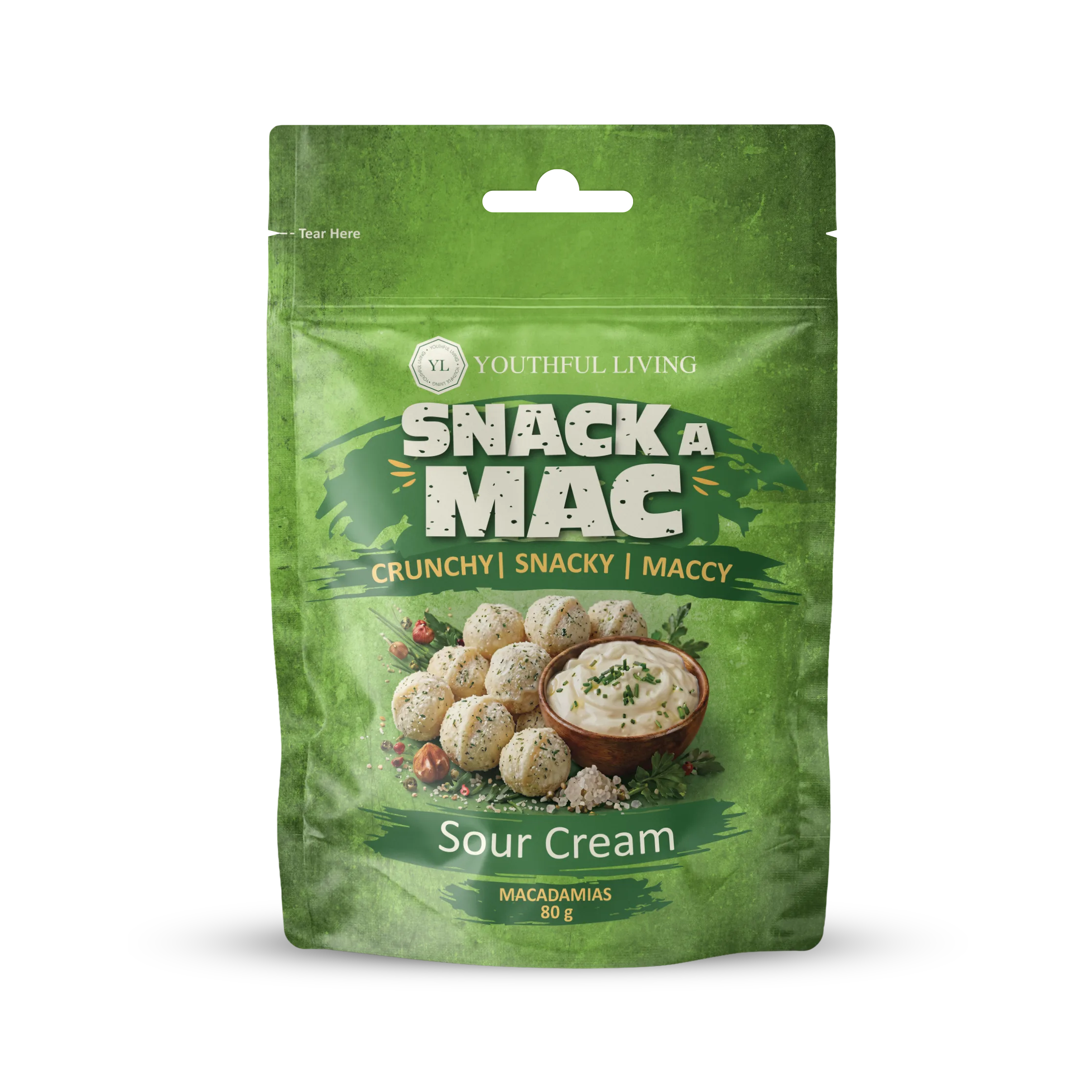 Youthful Living Snack A Mac Sour Cream Macadamias in an 80g resealable pouch. Crunchy, snackable macadamia nuts with a creamy sour cream flavour.