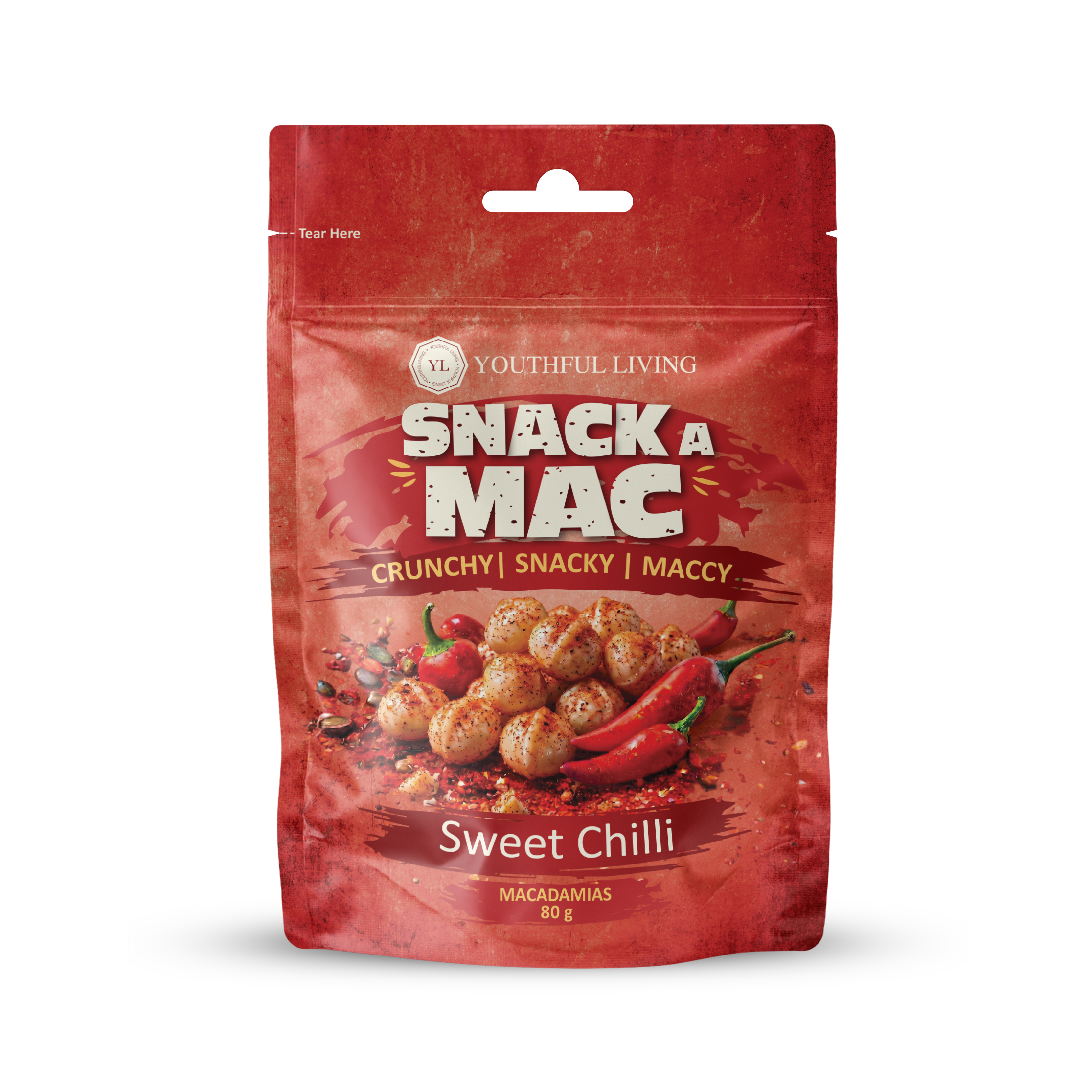 Youthful Living Snack A Mac Sweet Chilli Macadamias in an 80g resealable pouch. Crunchy, snackable macadamia nuts with a sweet chilli flavour.