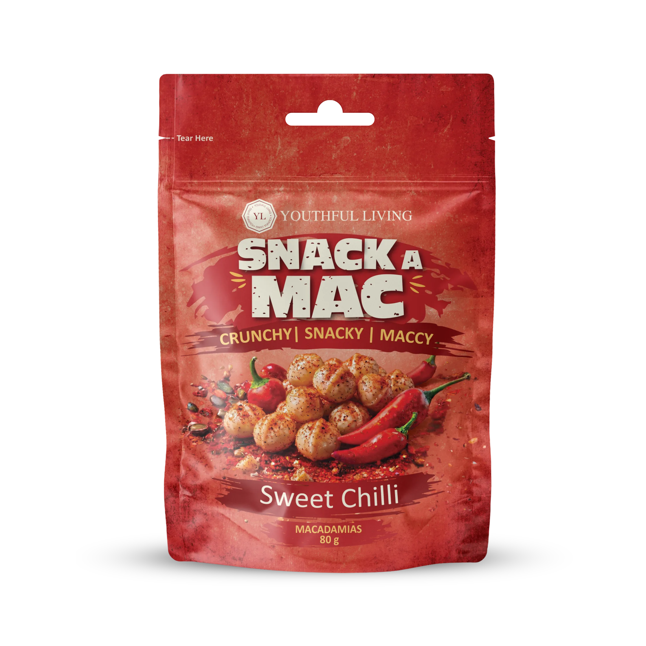 Youthful Living Snack A Mac Sweet Chilli Macadamias in an 80g resealable pouch. Crunchy, snackable macadamia nuts with a sweet chilli flavour.